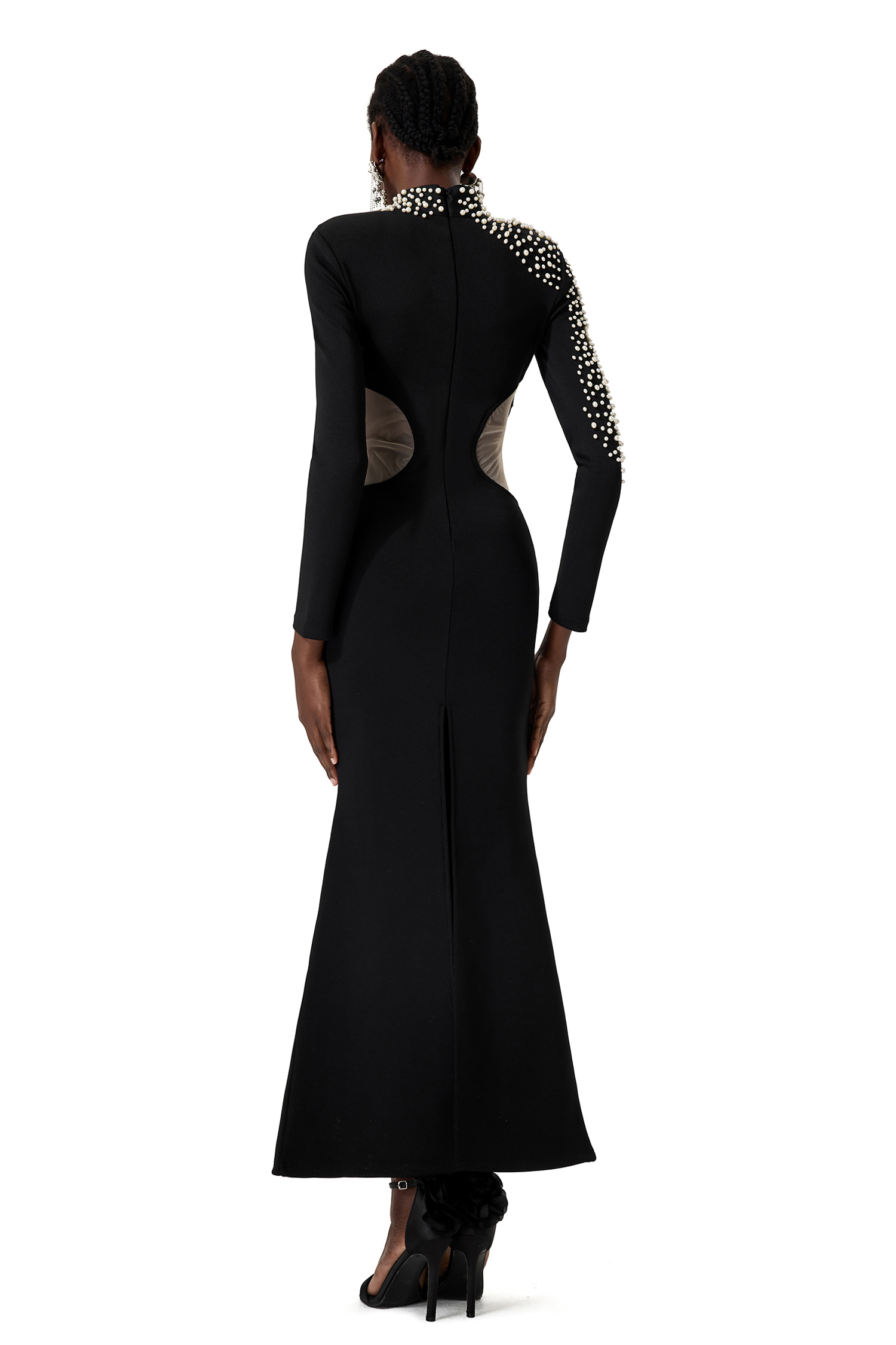 Bandage Faux Pearl High Neck Long Sleeve Midi Dress