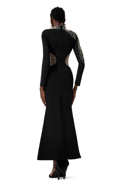 Bandage Faux Pearl High Neck Long Sleeve Midi Dress