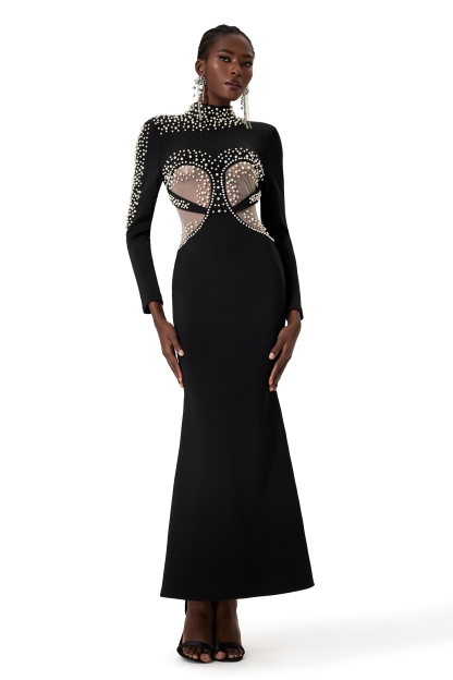 Bandage Faux Pearl High Neck Long Sleeve Midi Dress