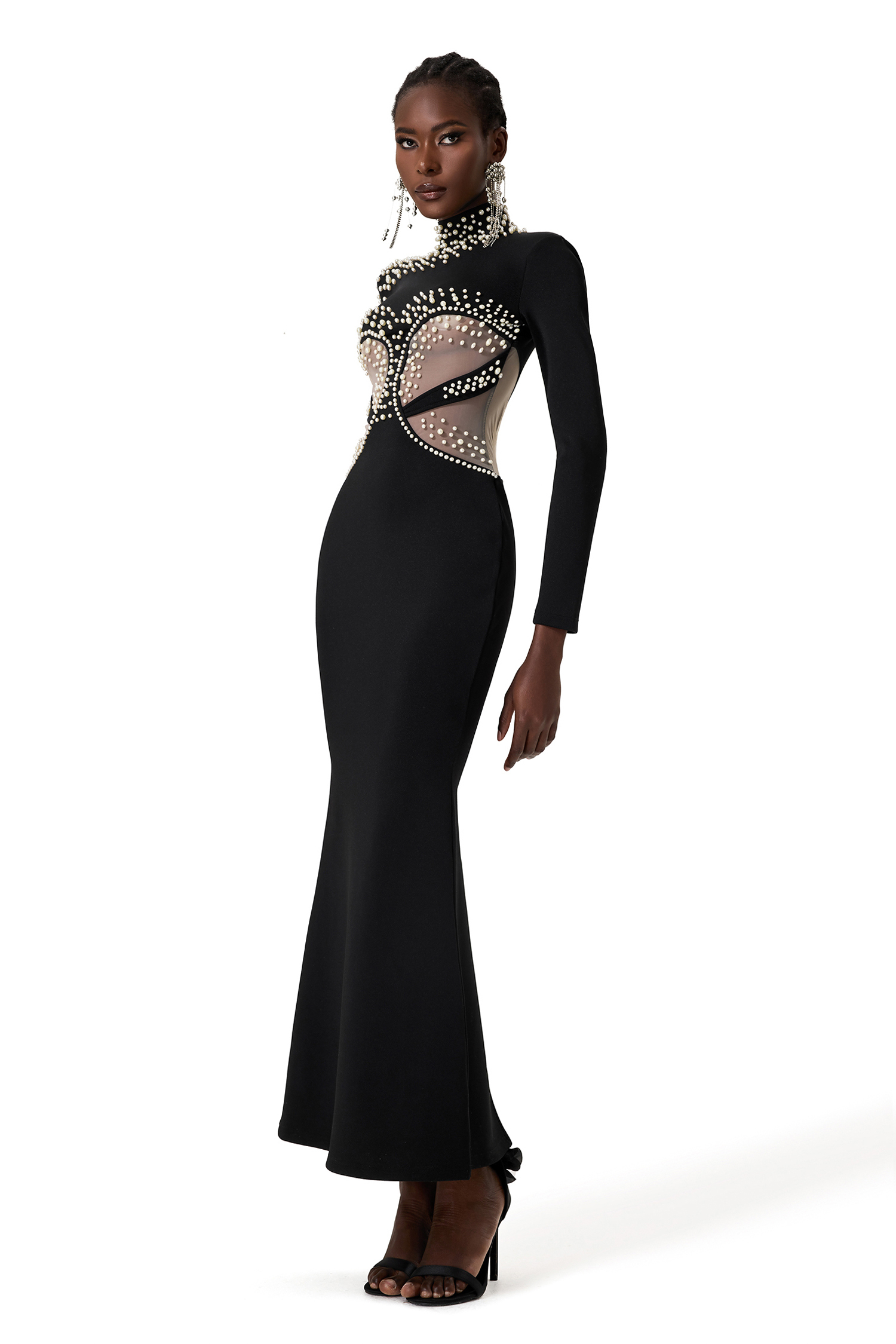 Bandage Faux Pearl High Neck Long Sleeve Midi Dress