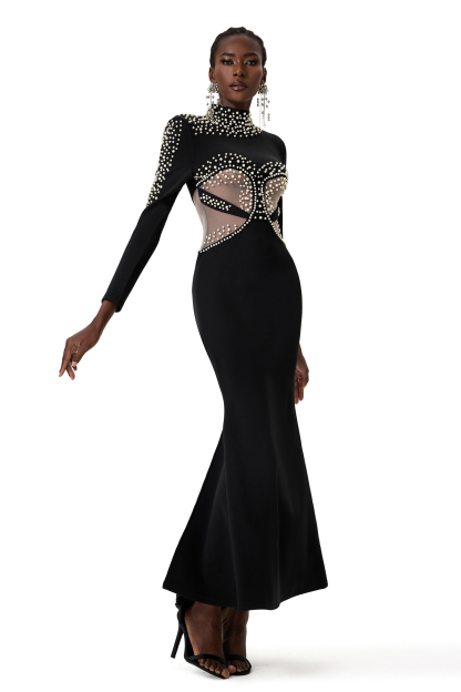 Bandage Faux Pearl High Neck Long Sleeve Midi Dress