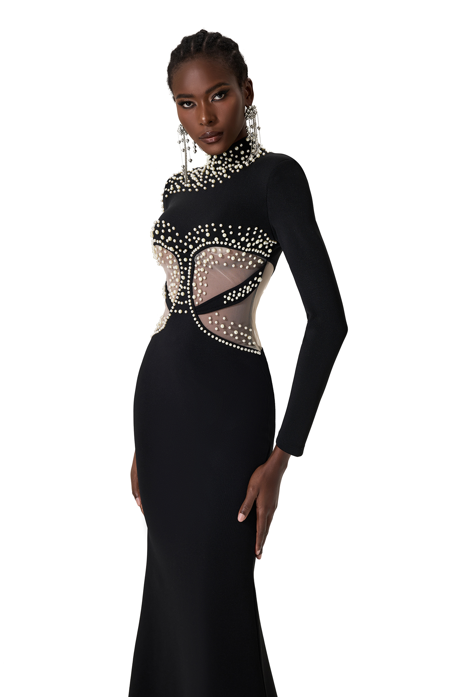 Bandage Faux Pearl High Neck Long Sleeve Midi Dress