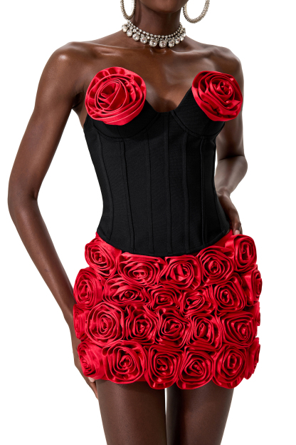 3D Flower Sleeveless Top & High Waist Mini Skirt Set