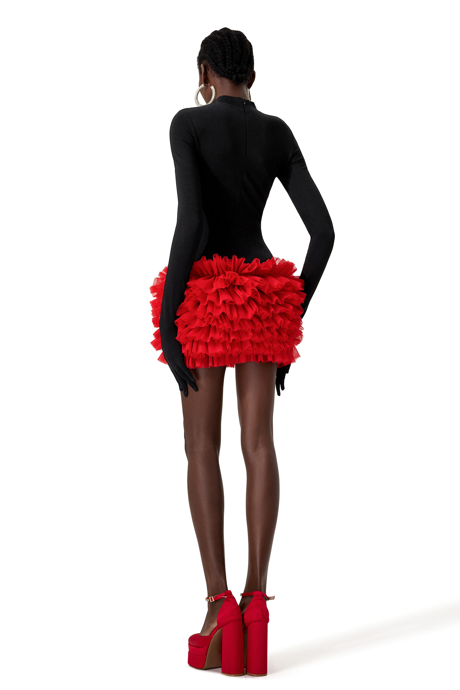 Contrast Color High Neck Mini Dress With Gloves