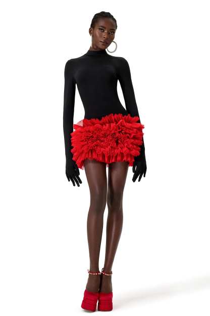 Contrast Color High Neck Mini Dress With Gloves