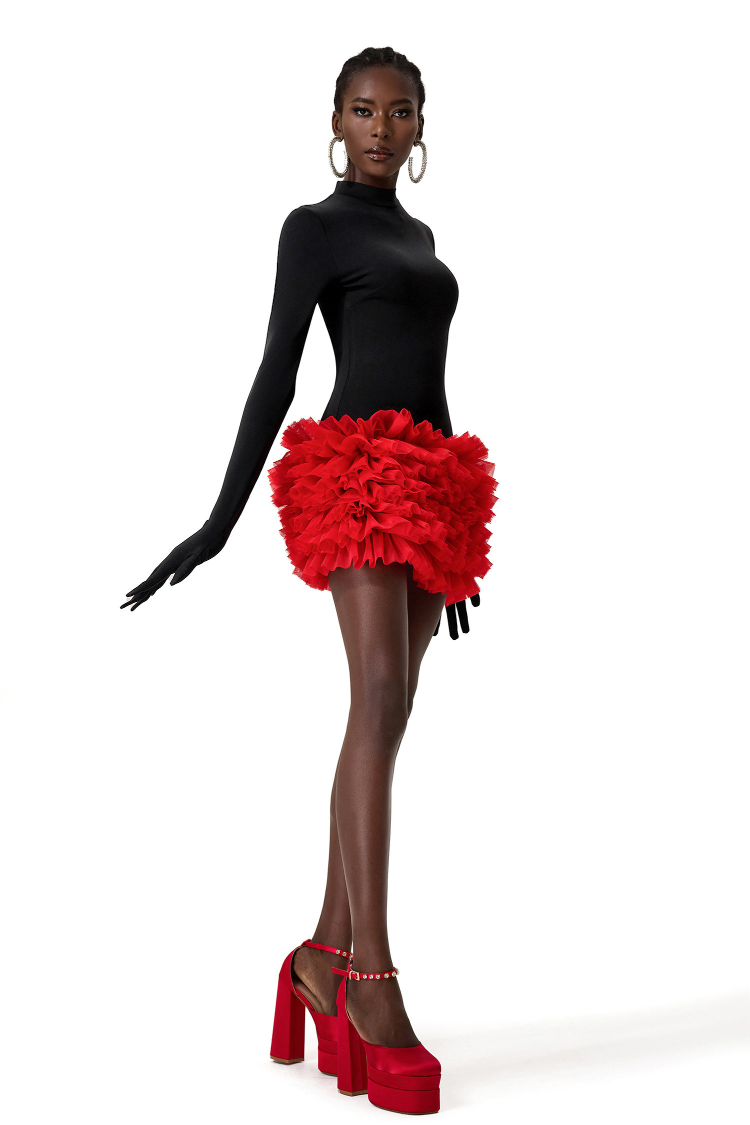 Contrast Color High Neck Mini Dress With Gloves