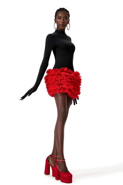 Contrast Color High Neck Mini Dress With Gloves