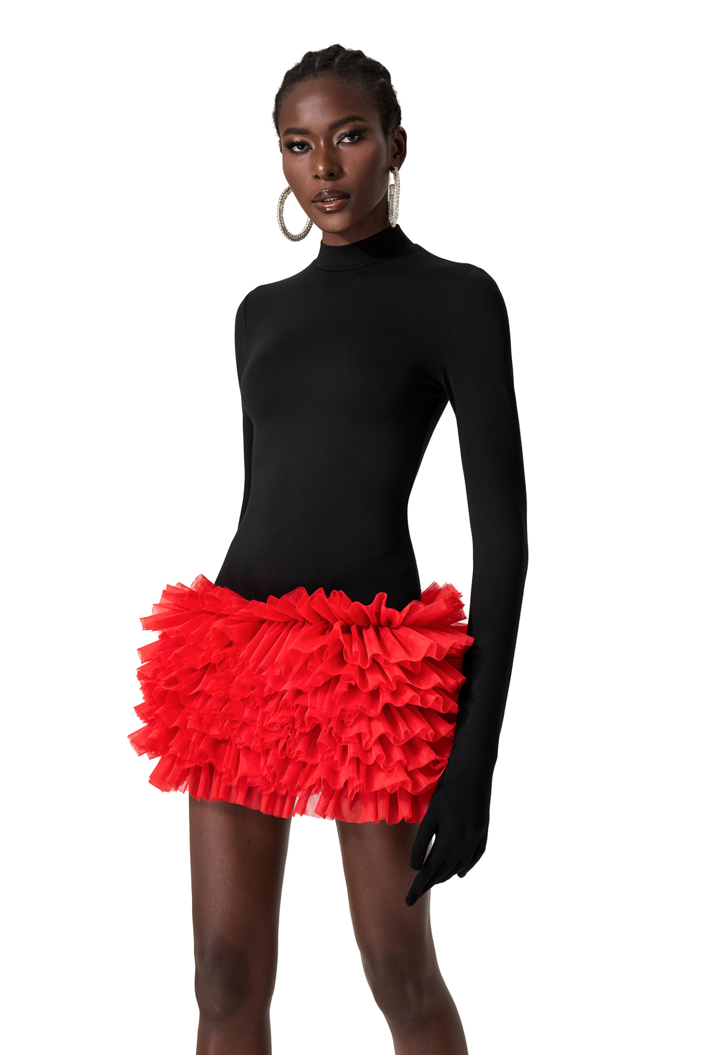 Contrast Color High Neck Mini Dress With Gloves