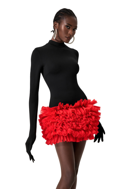 Contrast Color High Neck Mini Dress With Gloves