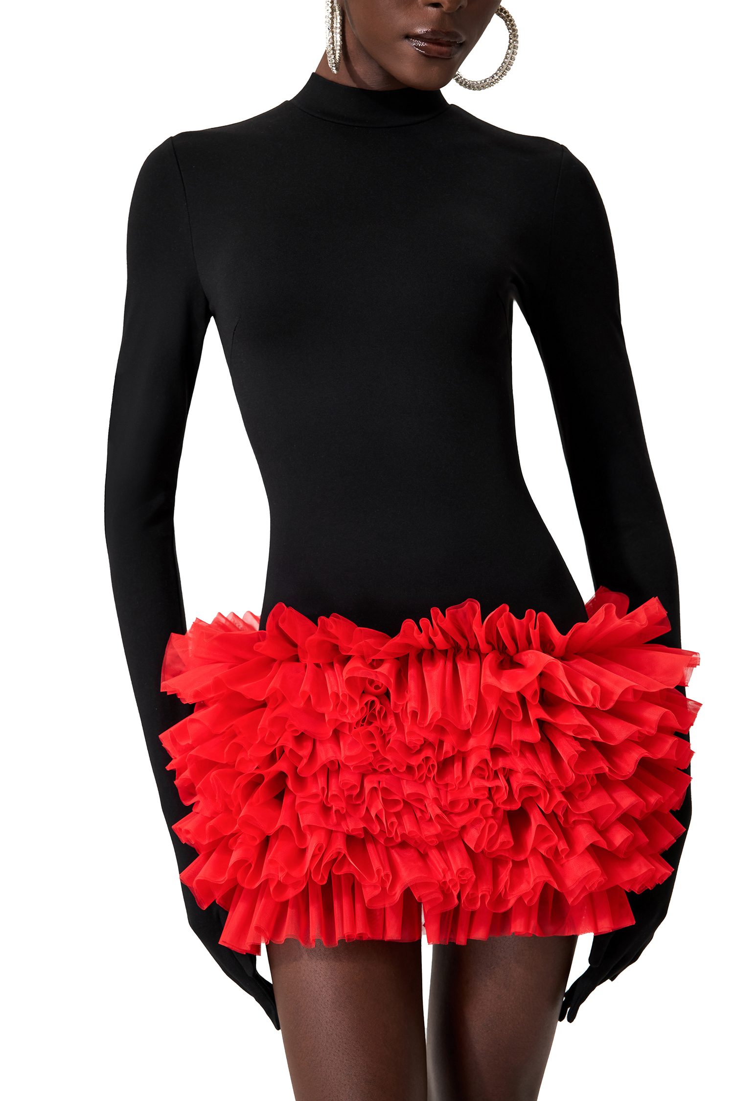 Contrast Color High Neck Mini Dress With Gloves