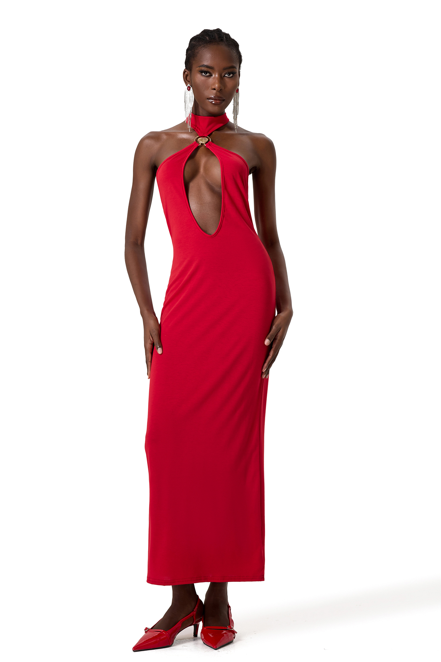 Solid Cut Out Metal Shell Midi Dress