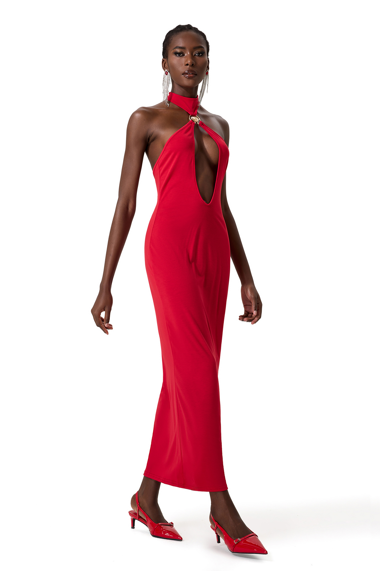 Solid Cut Out Metal Shell Midi Dress