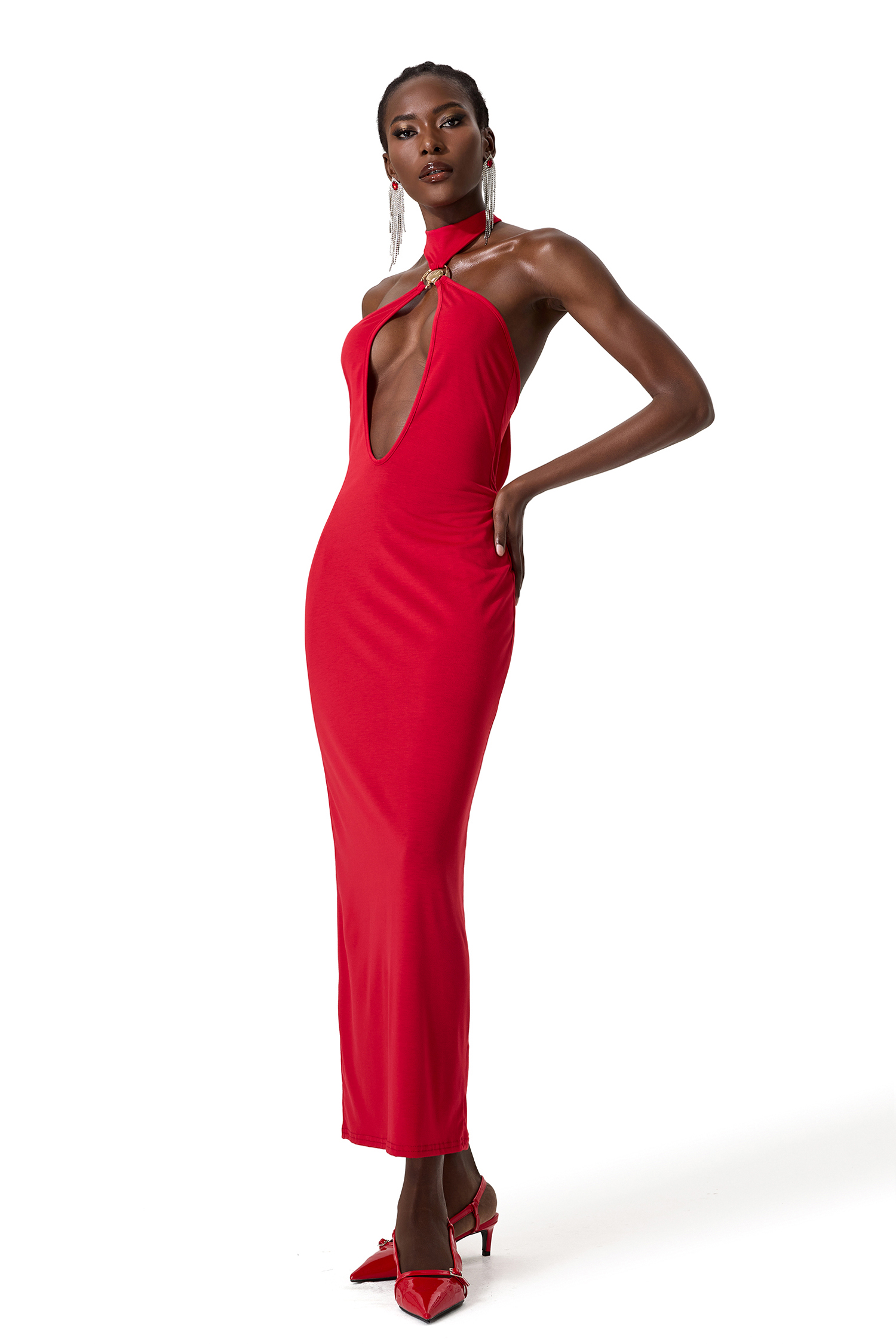 Solid Cut Out Metal Shell Midi Dress