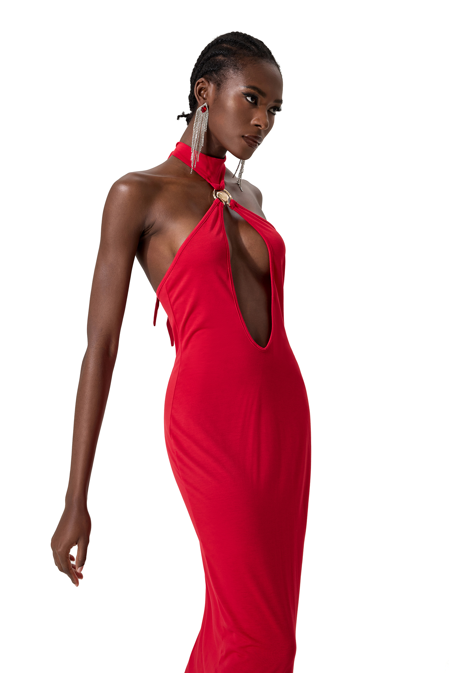 Solid Cut Out Metal Shell Midi Dress