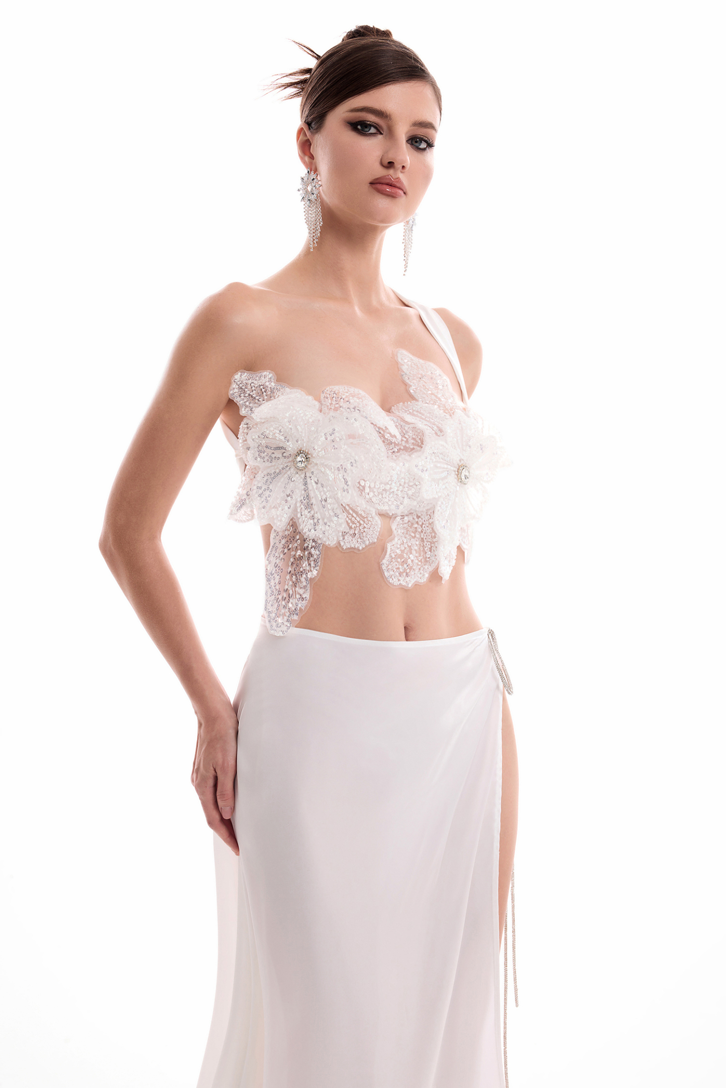 3D Flower Embroidered Backless Top & Solid Split Maxi Skirt Set