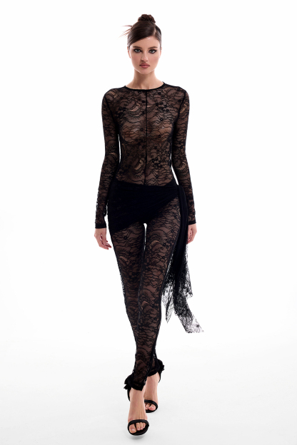 Solid Lace See-Through Long Sleeve Jumpsuit