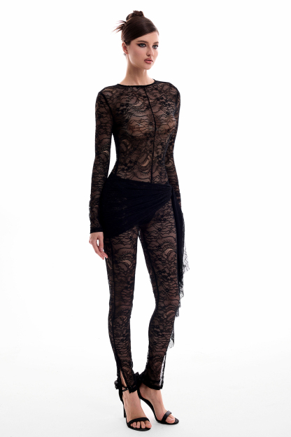 Solid Lace See-Through Long Sleeve Jumpsuit