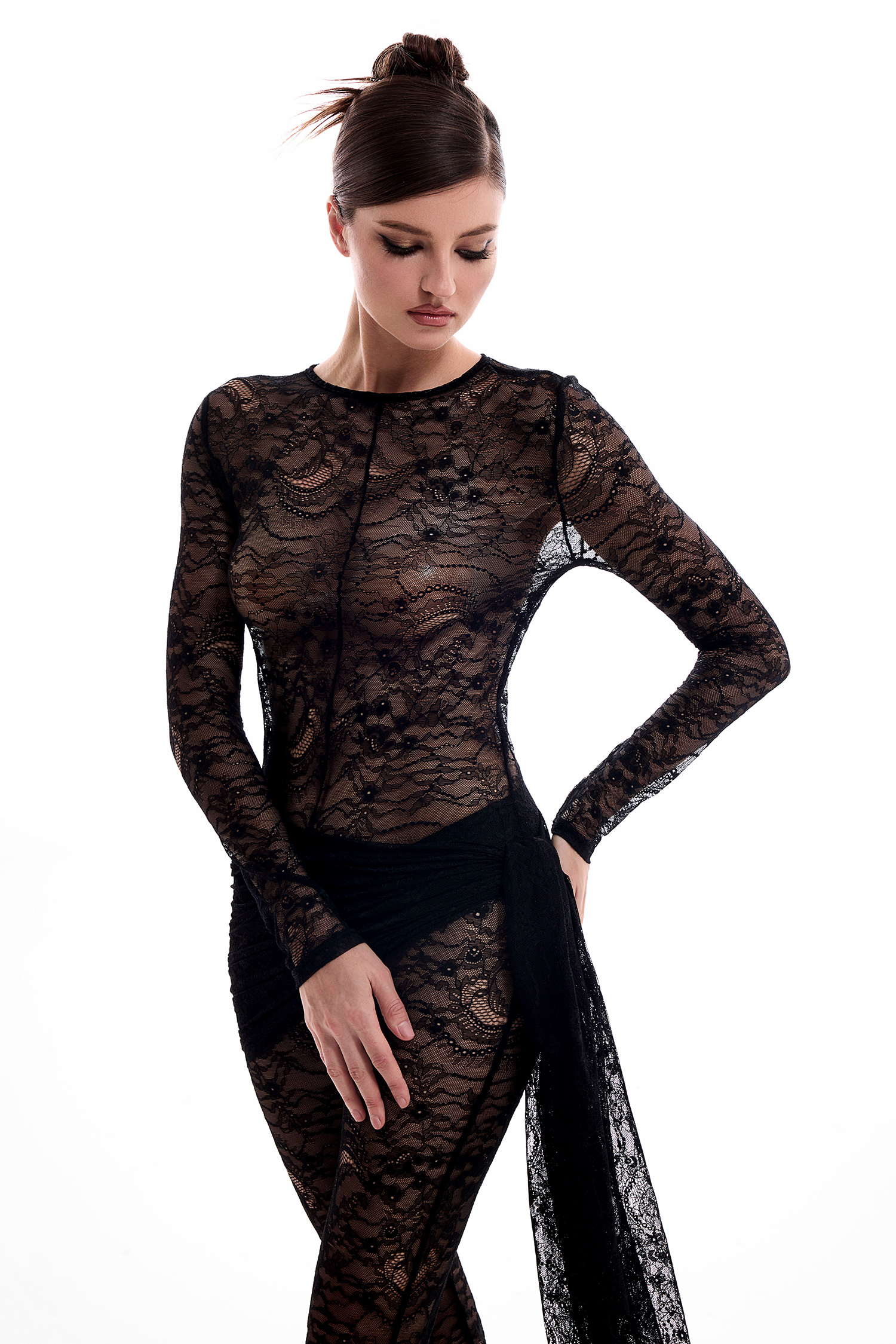 Solid Lace See-Through Long Sleeve Jumpsuit