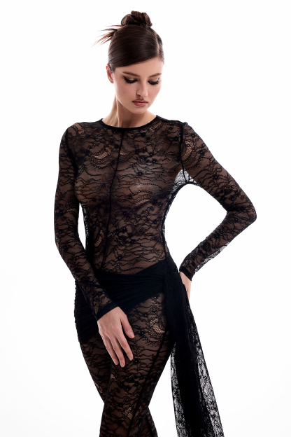 Solid Lace See-Through Long Sleeve Jumpsuit