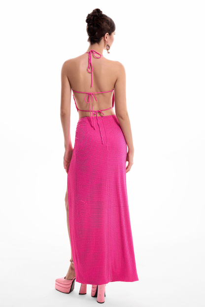 Rhinestone Halter Neck Lace-Up Top & Low Waist Split Maxi Skirt Set