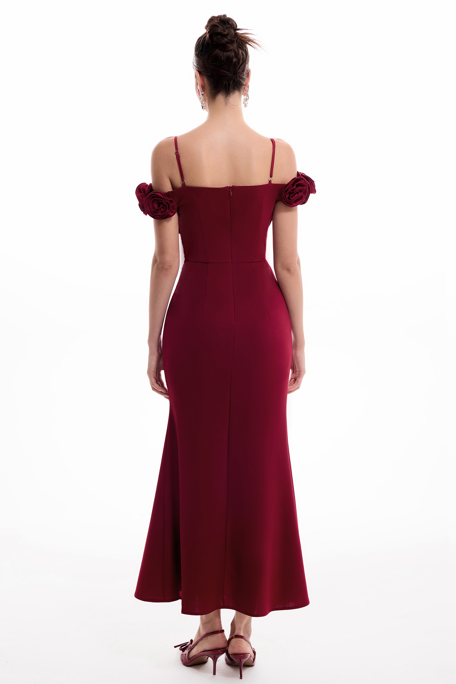 3D Flower Split Off Shoulder Maxi Dress