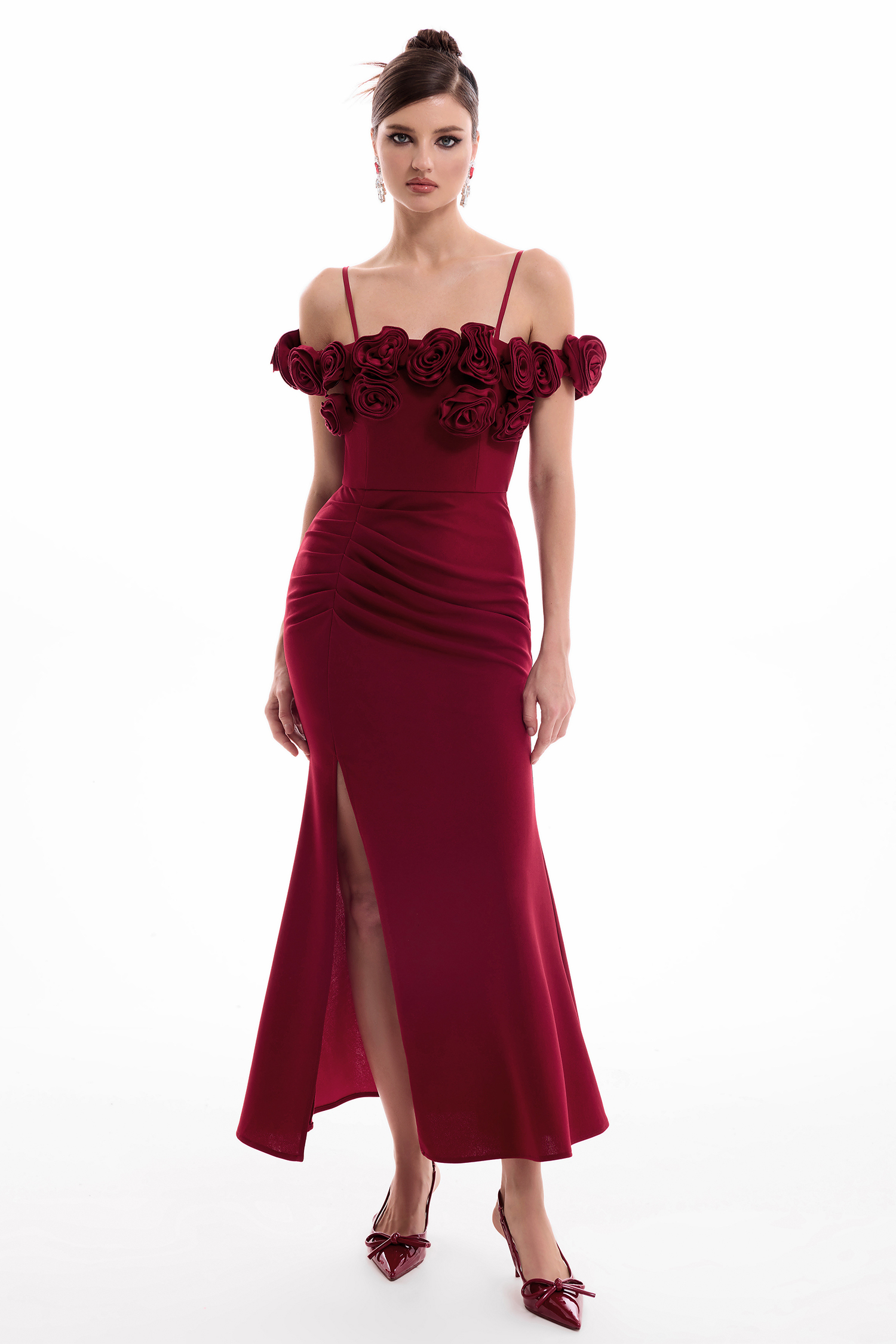 3D Flower Split Off Shoulder Maxi Dress