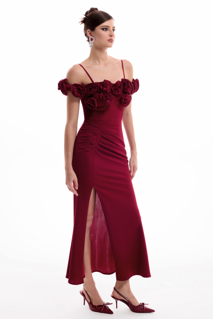 3D Flower Split Off Shoulder Maxi Dress