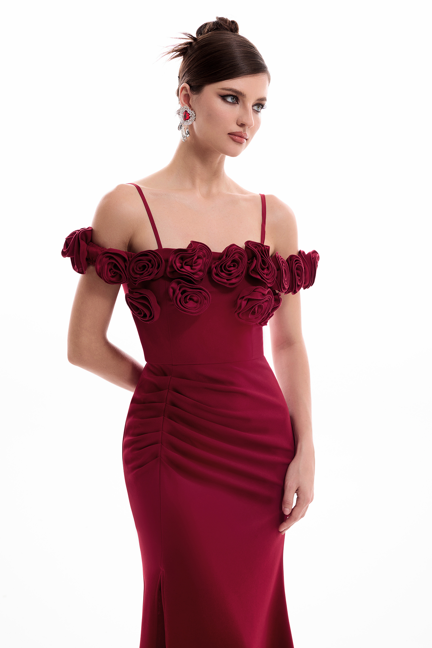 3D Flower Split Off Shoulder Maxi Dress