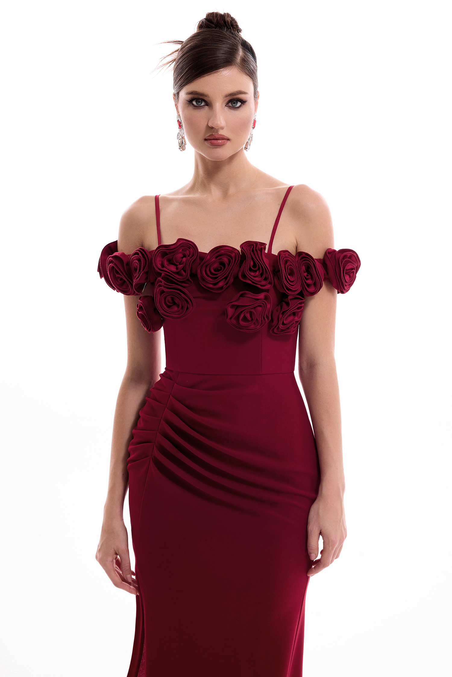 3D Flower Split Off Shoulder Maxi Dress