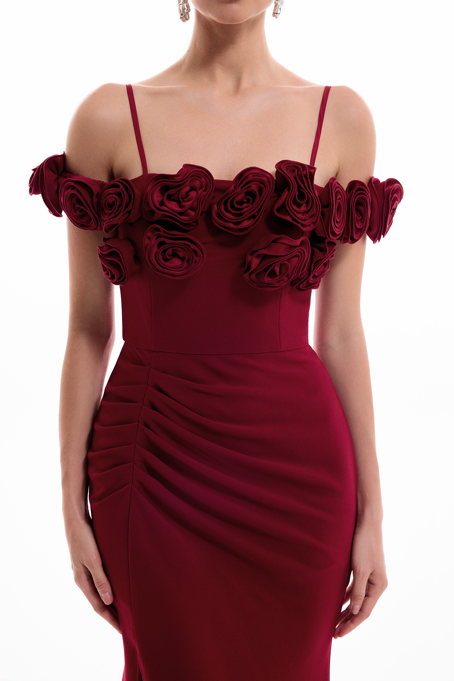 3D Flower Split Off Shoulder Maxi Dress