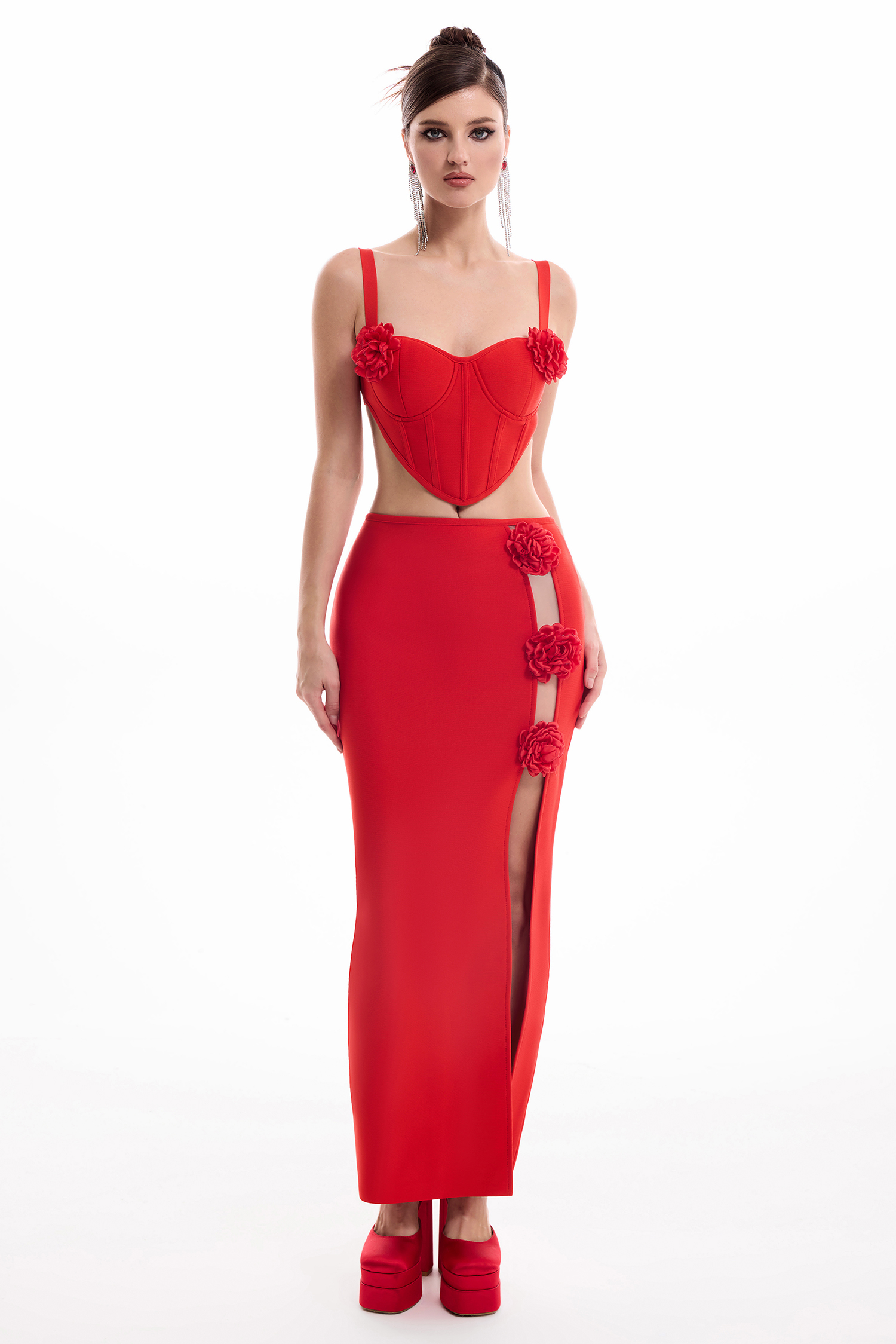 3D Flower Sweetheart Neck Top & Hight Waist Split Skirt Set