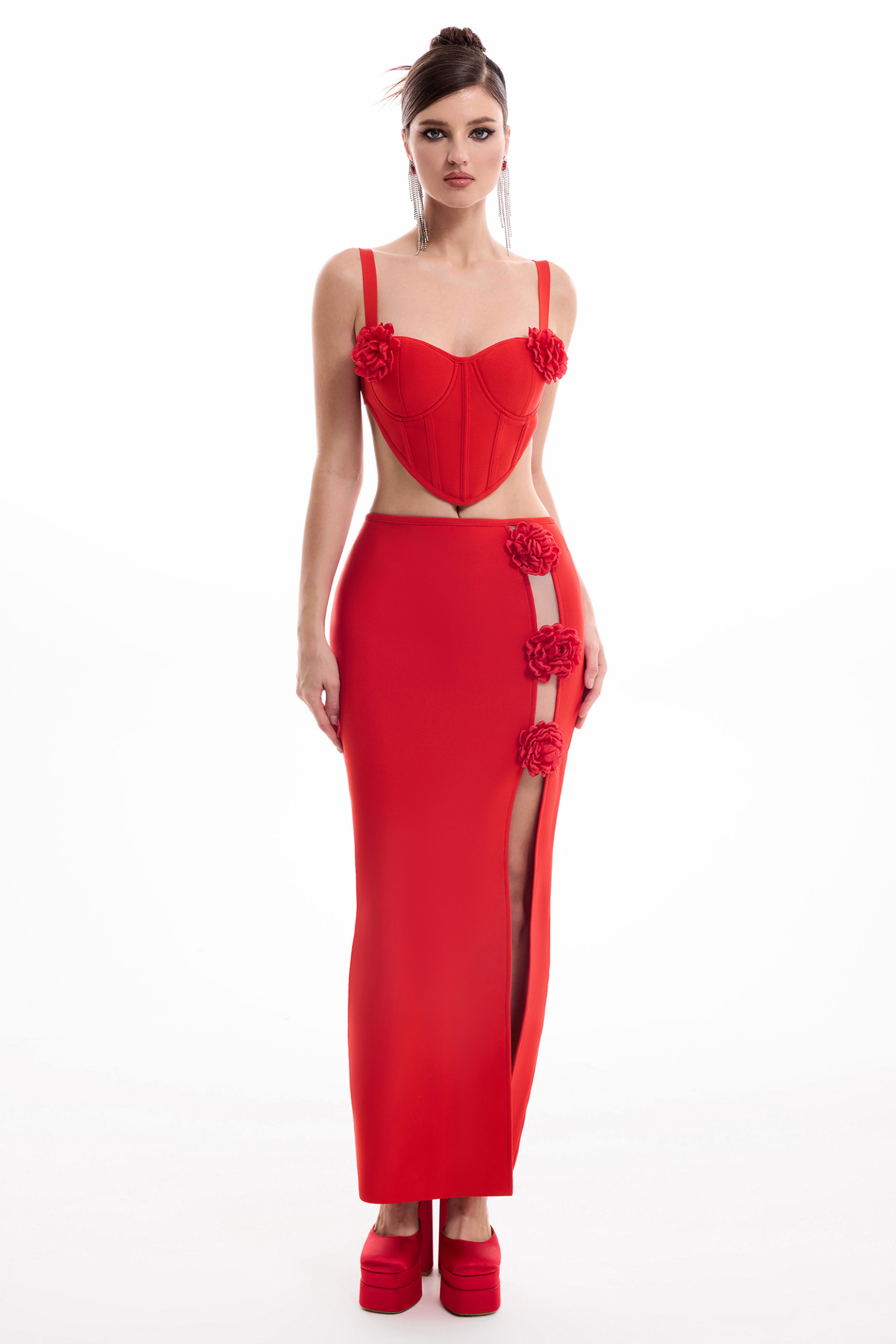 3D Flower Sweetheart Neck Top & Hight Waist Split Skirt Set