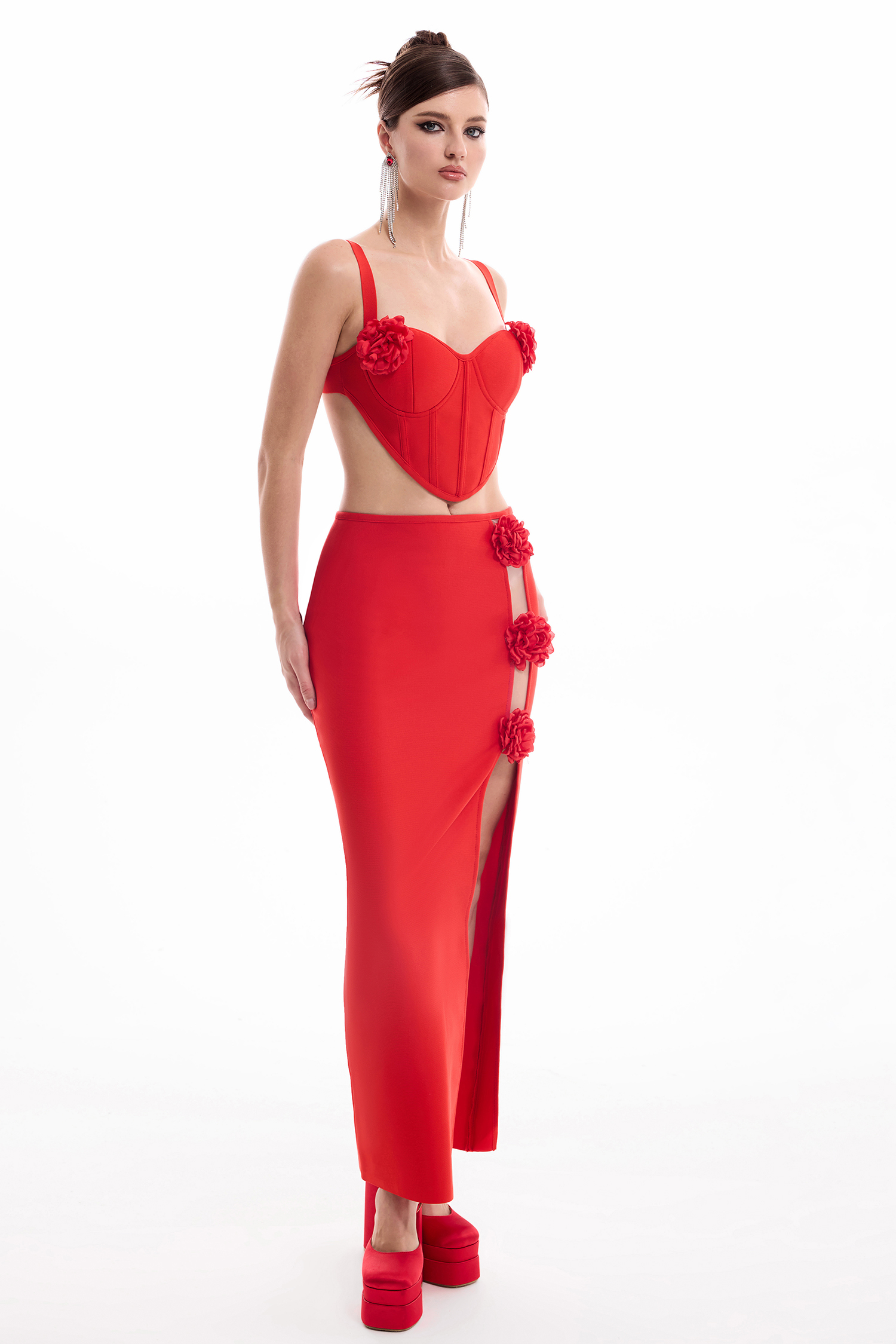 3D Flower Sweetheart Neck Top & Hight Waist Split Skirt Set