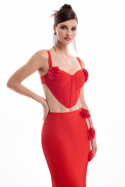 3D Flower Sweetheart Neck Top & Hight Waist Split Skirt Set