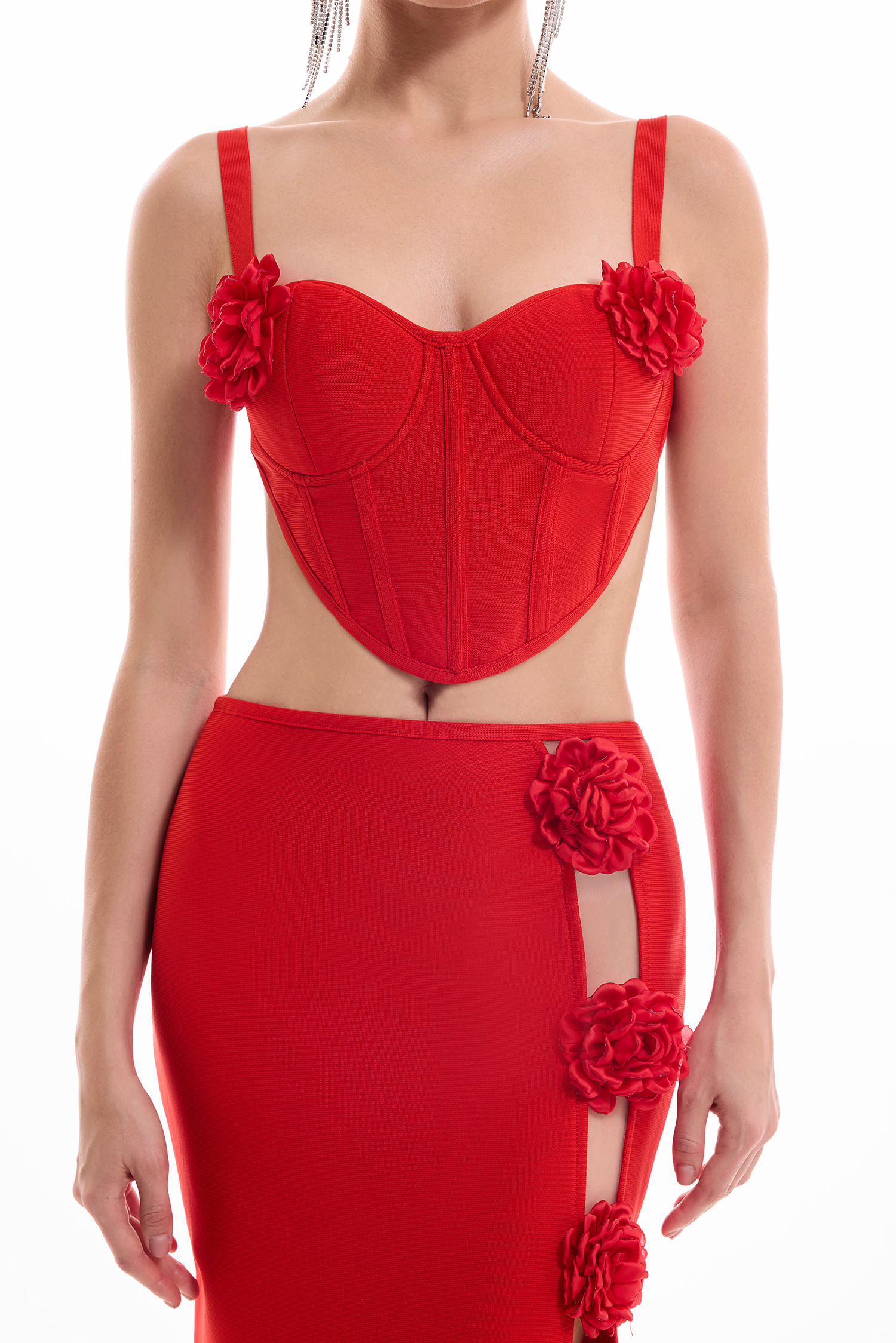 3D Flower Sweetheart Neck Top & Hight Waist Split Skirt Set