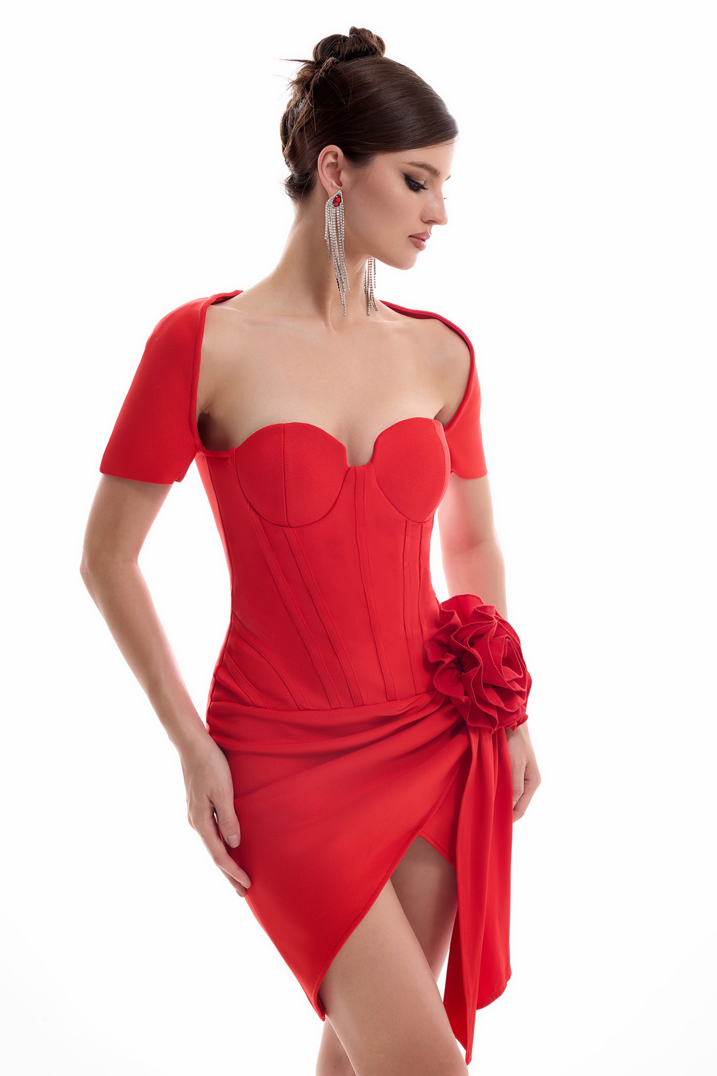 3D Flower Solid Plunge Mini Dress