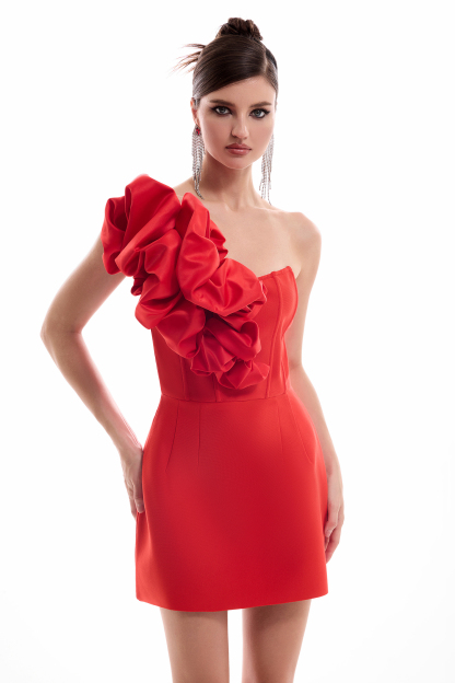 3D Flower Solid Off Shoulder Mini Dress