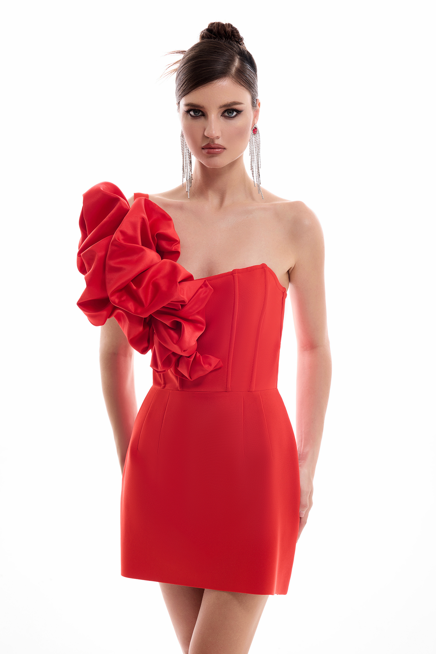 3D Flower Solid Off Shoulder Mini Dress