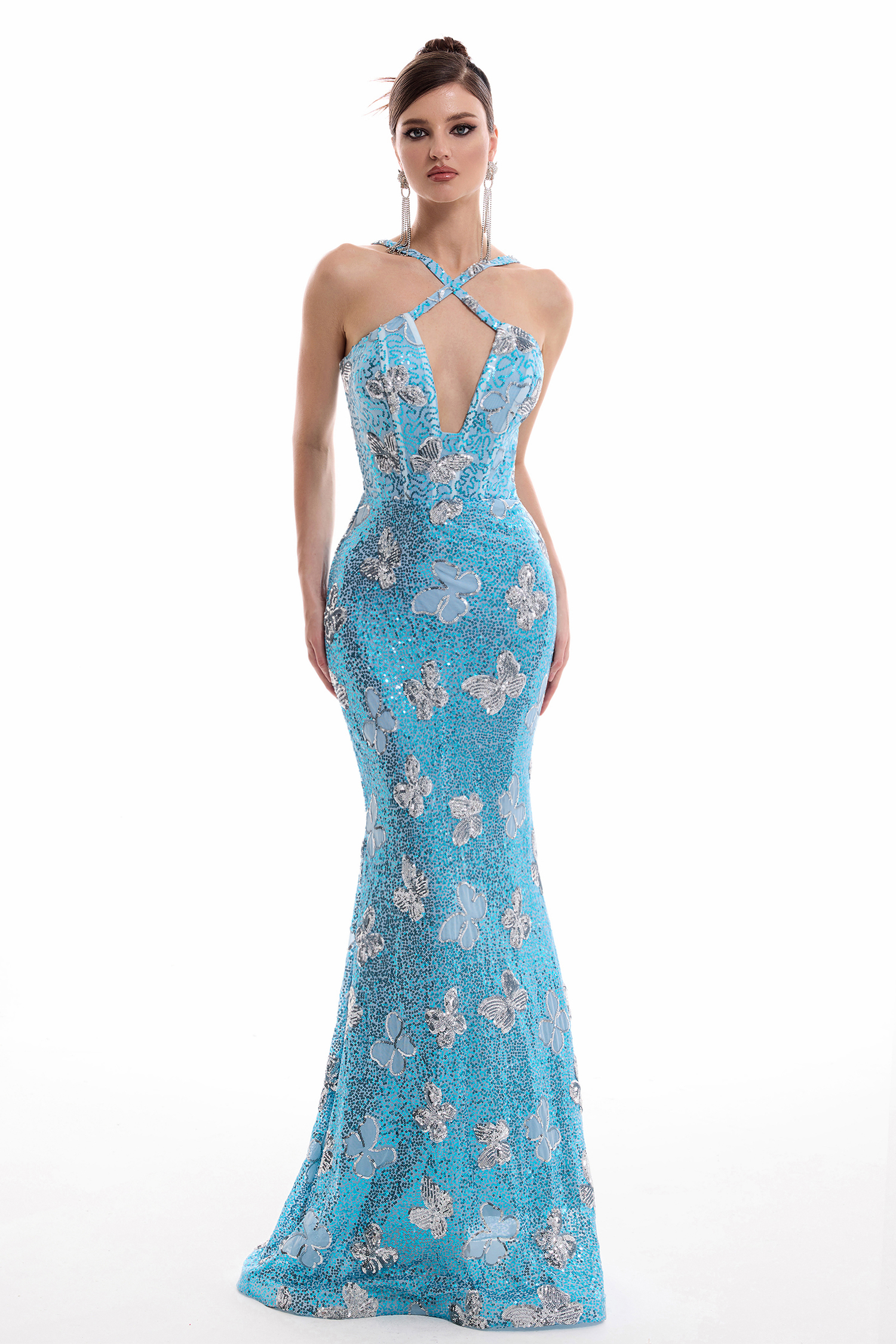 Sequin Halter Neck Butterfly Shape Maxi Dress
