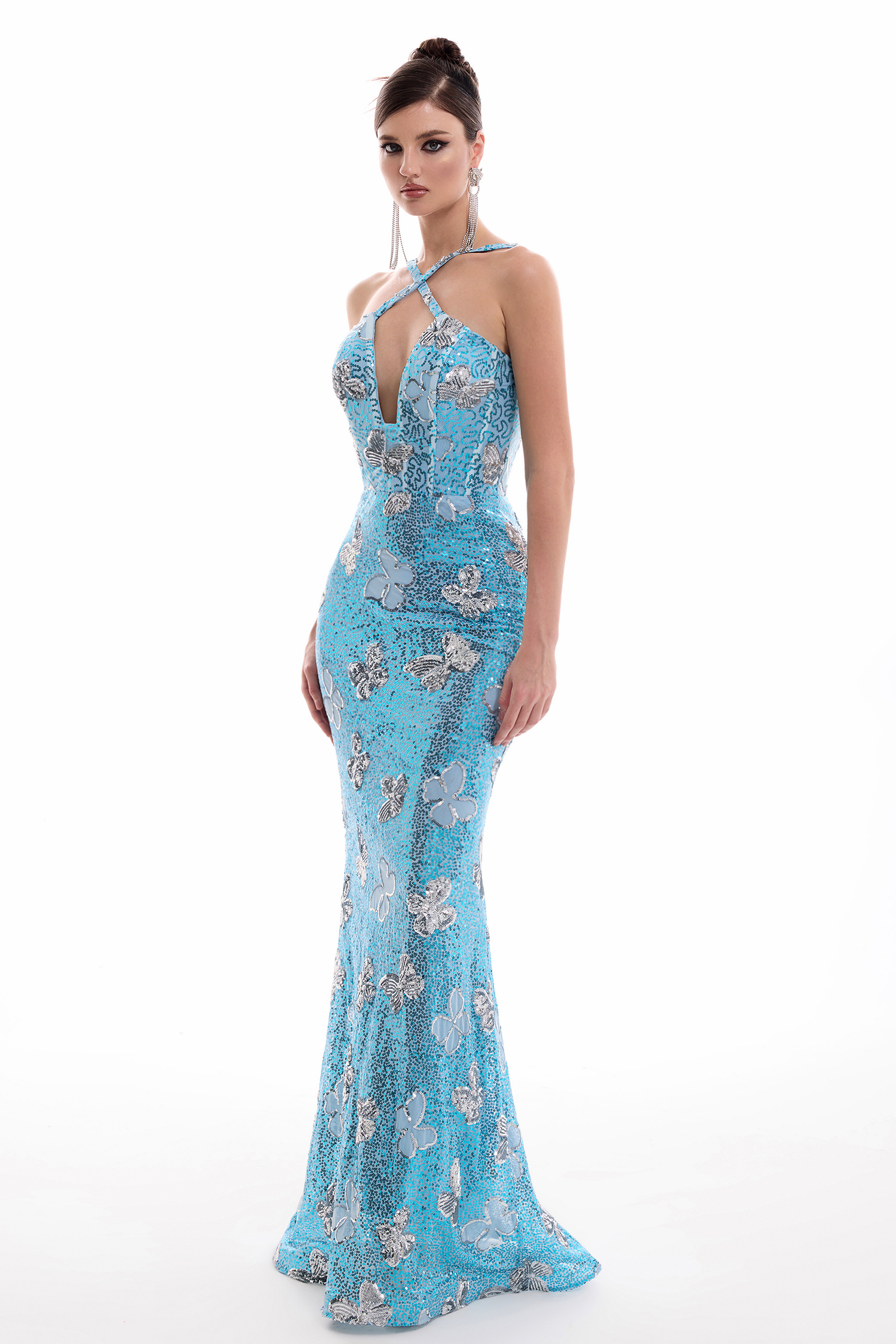Sequin Halter Neck Butterfly Shape Maxi Dress