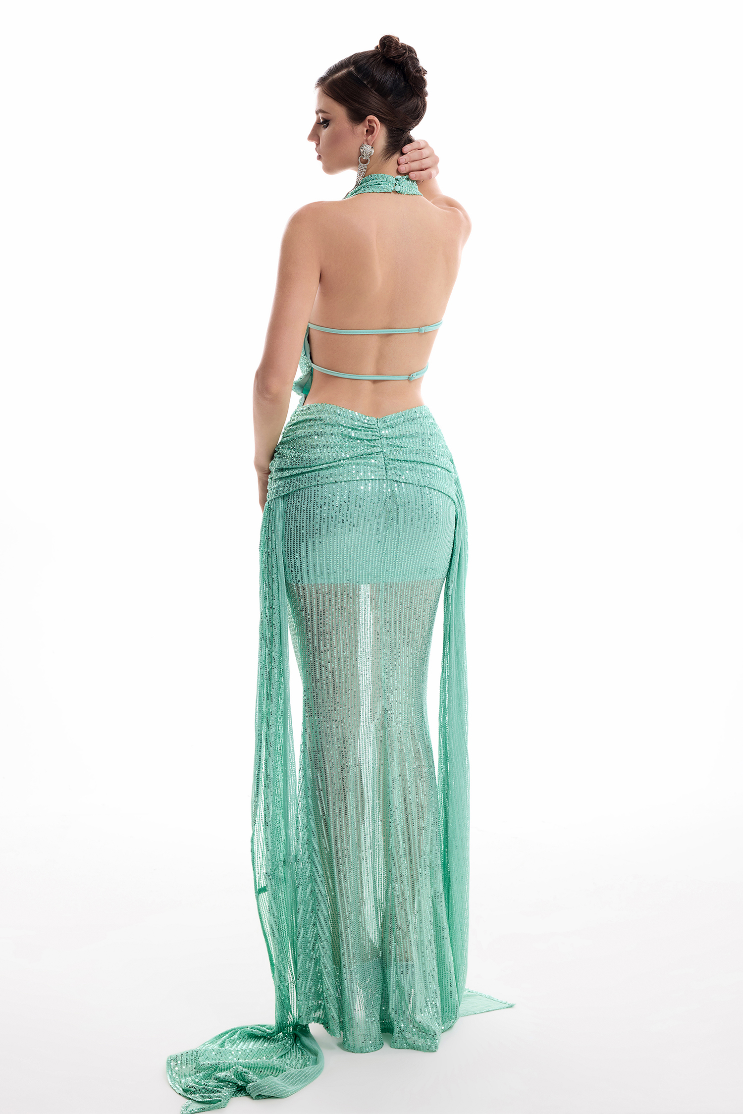 Sequin Halter Neck Swing Collar Maxi Dress