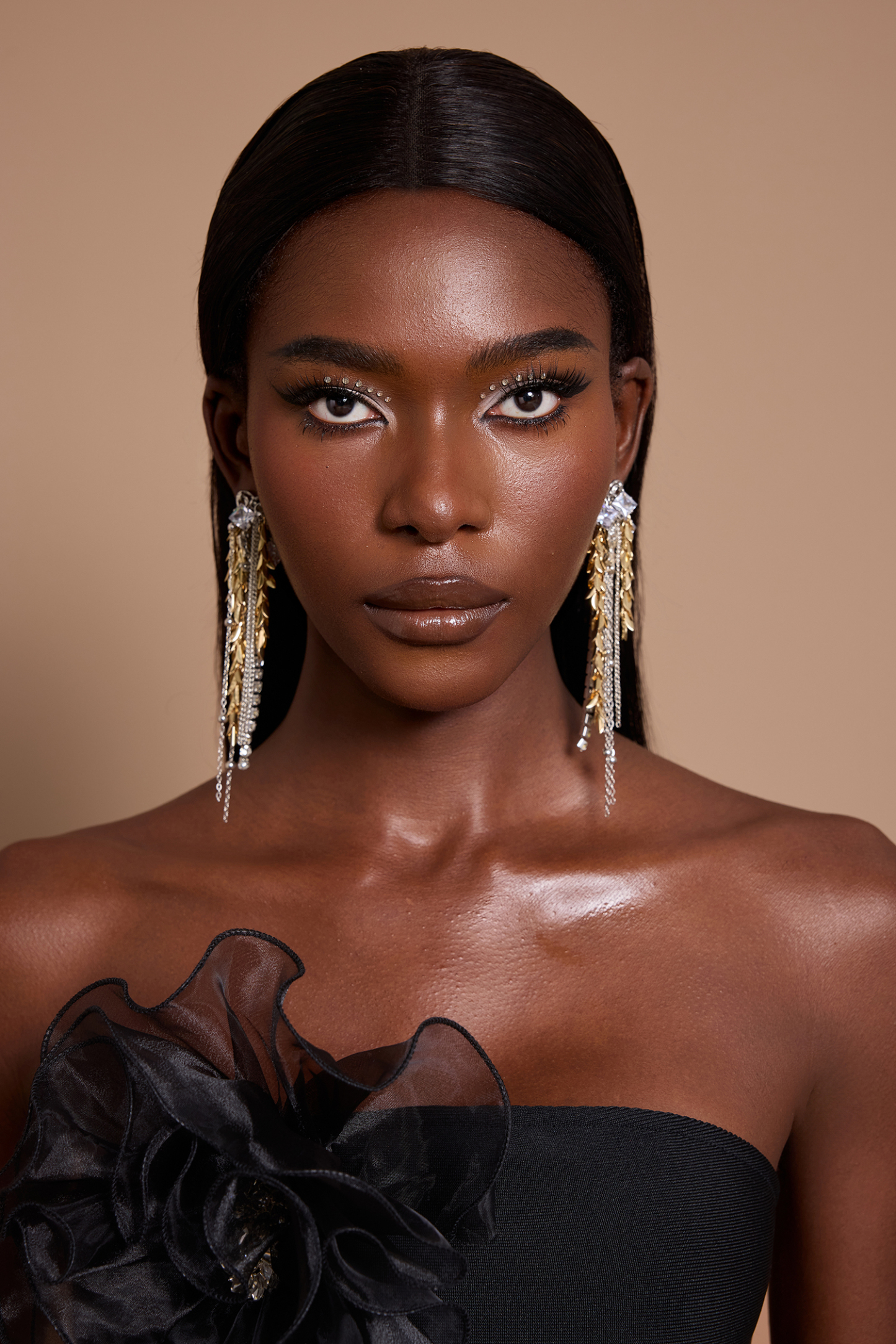 Faux Diamond Leaf Tassel Earrings