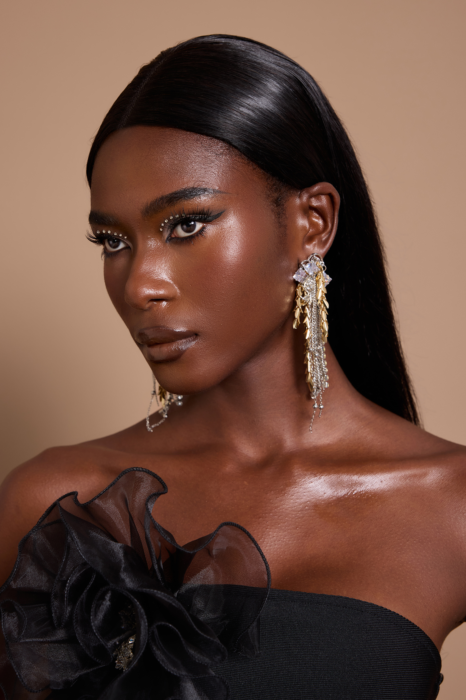 Faux Diamond Leaf Tassel Earrings