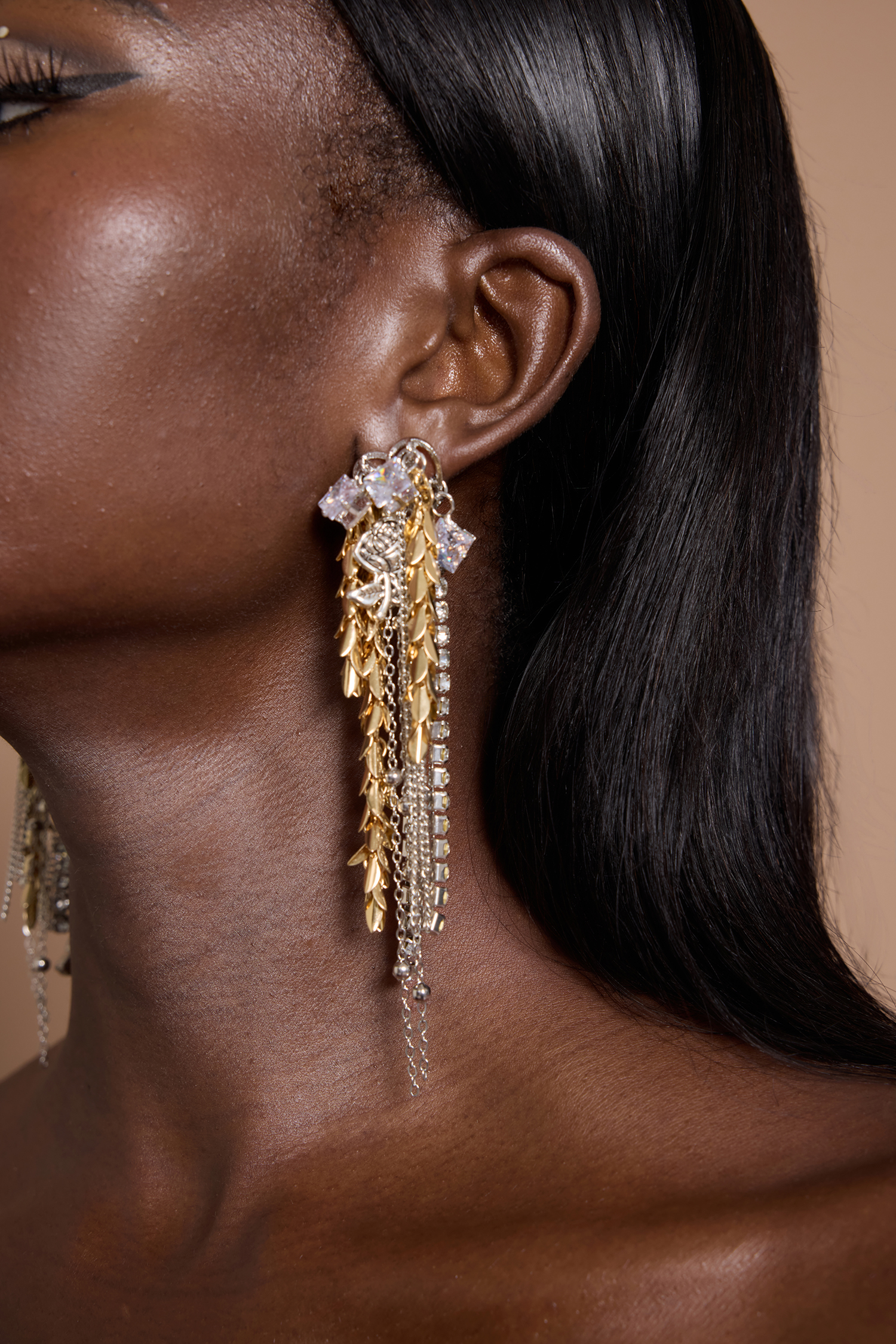 Faux Diamond Leaf Tassel Earrings