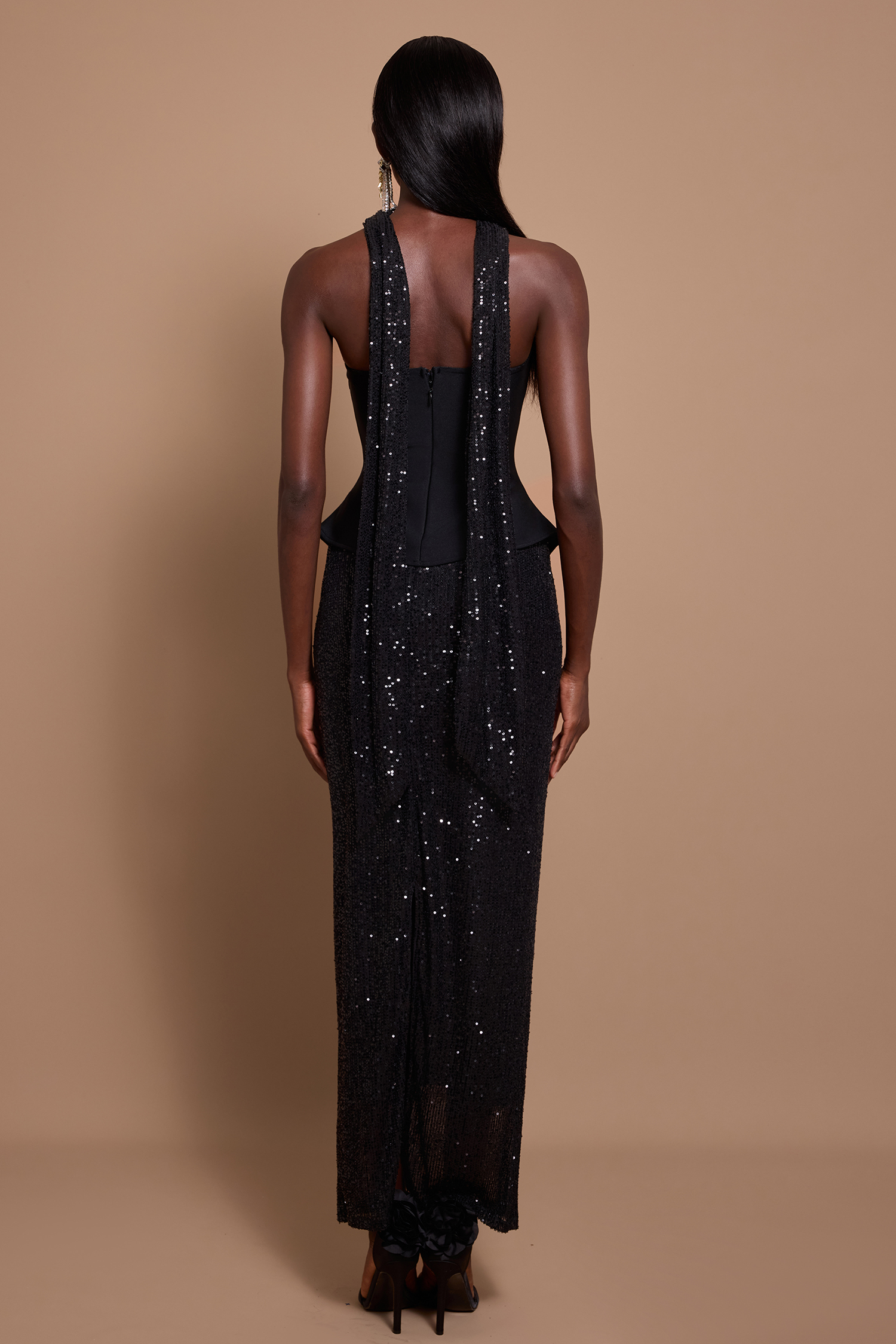 Off Shoulder Solid Bandage Top & High Waist Sequin Midi Skirt Set