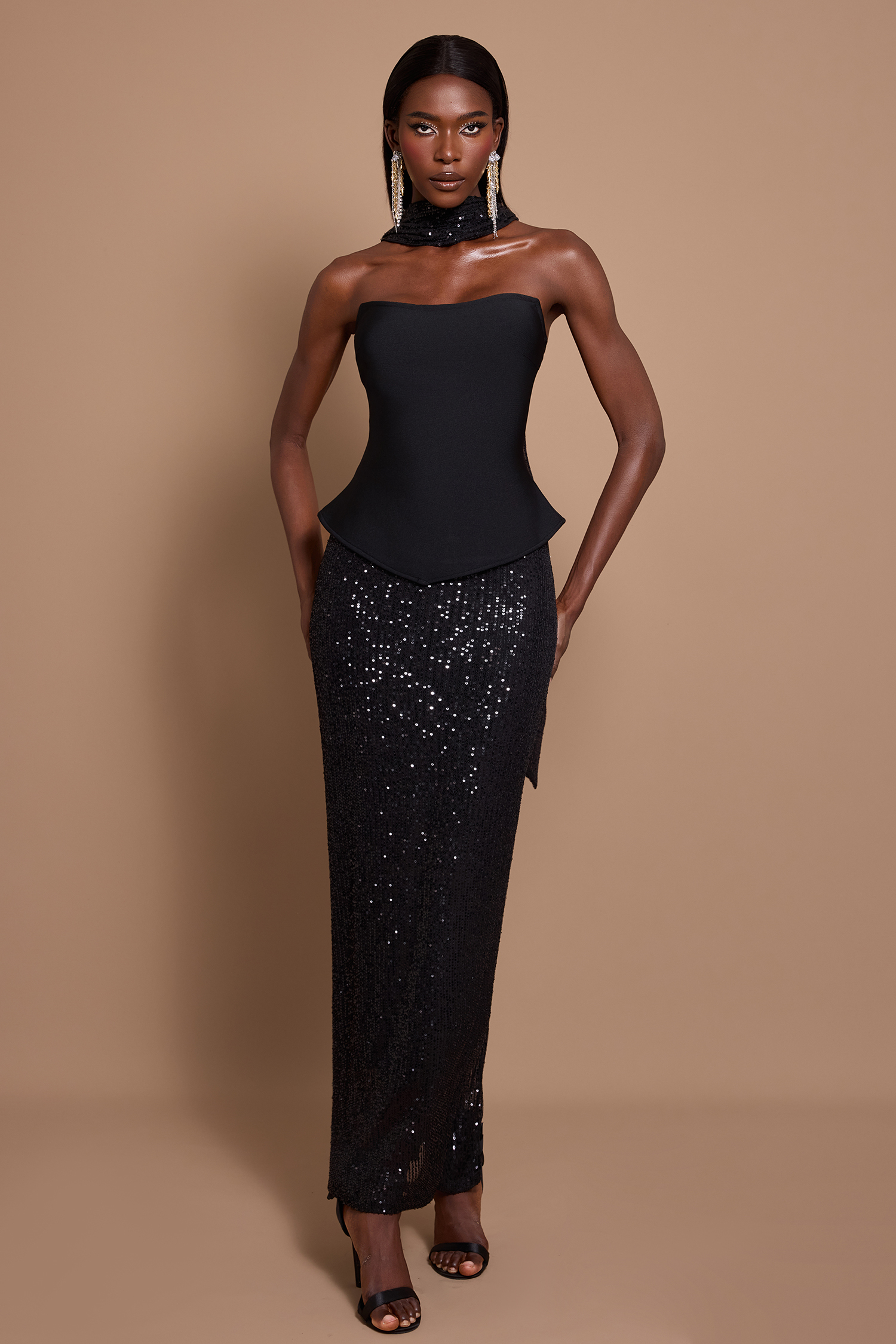 Off Shoulder Solid Bandage Top & High Waist Sequin Midi Skirt Set