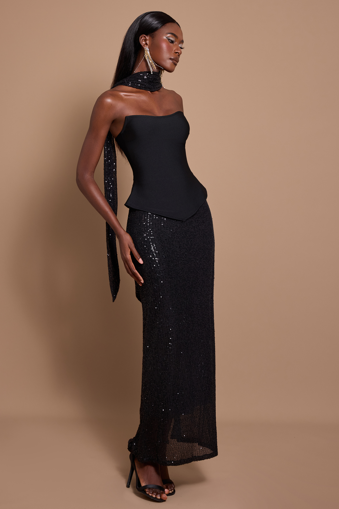 Off Shoulder Solid Bandage Top & High Waist Sequin Midi Skirt Set