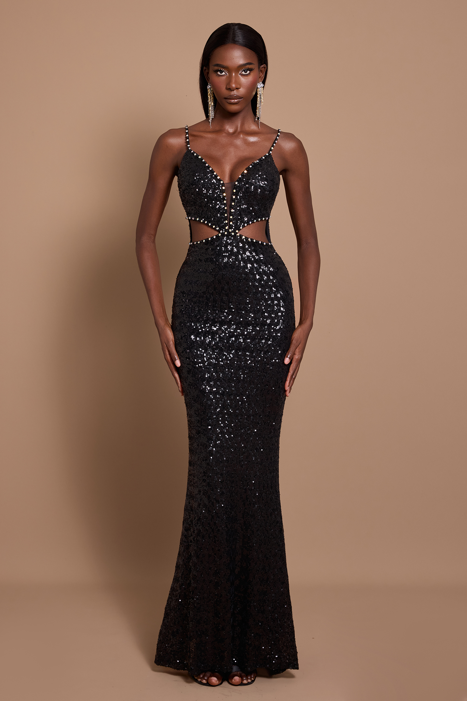 Sequin Deep V-Neck Cut-Out Midi Dress