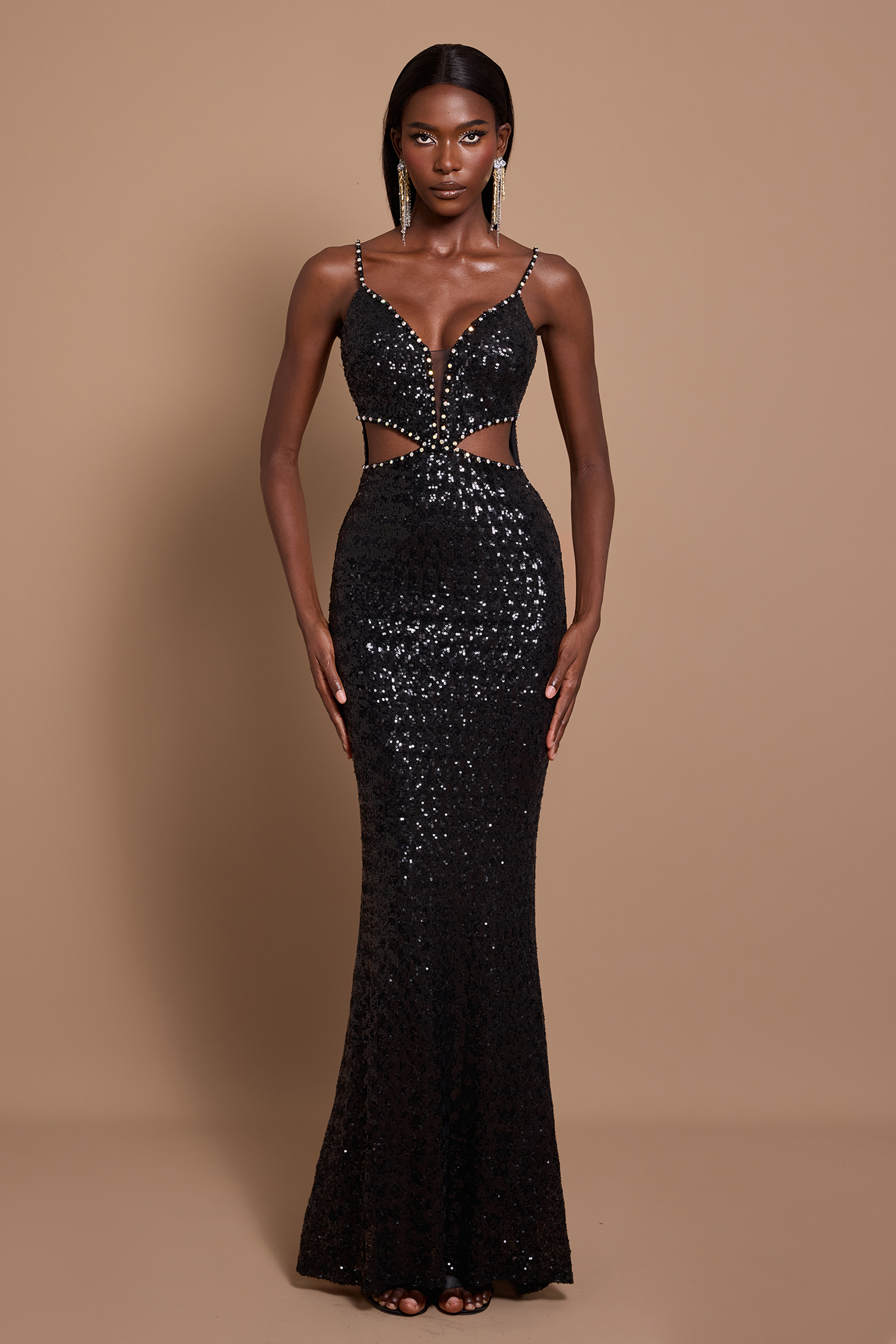 Sequin Deep V-Neck Cut-Out Midi Dress