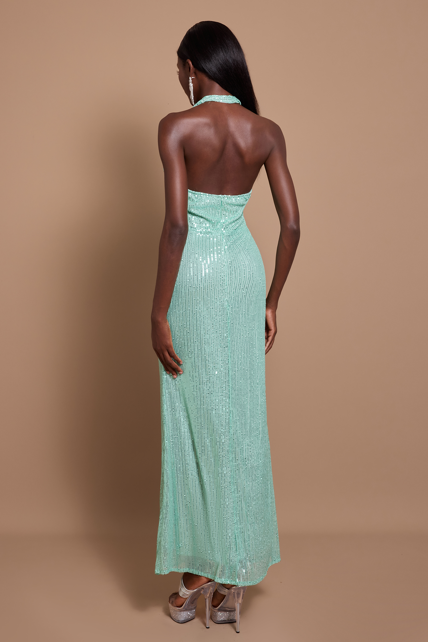 Sequin Halter Neck Backless Maxi Dress